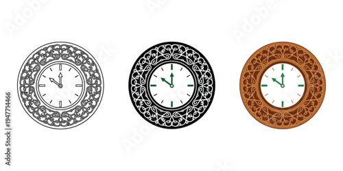 Three ornate clocks with different color schemes on white background