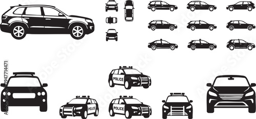 Set of Black and White Silhouette Icons for Different Car Models SUVs and Police