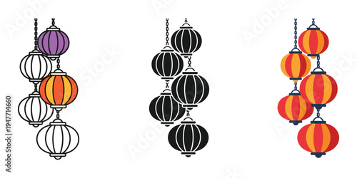 Colorful hanging lanterns in various designs and patterns