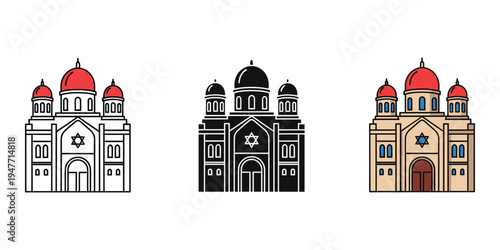 Synagogue buildings in white black and beige with red domes