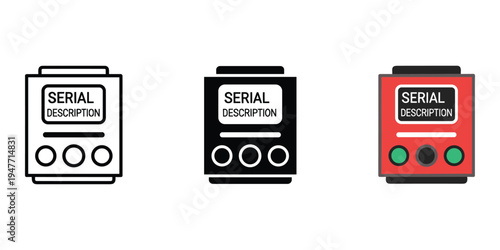 Serial description icons set with black white and red color schemes