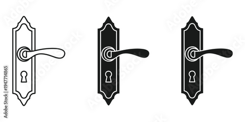 Three door handles with keyholes in line on white background