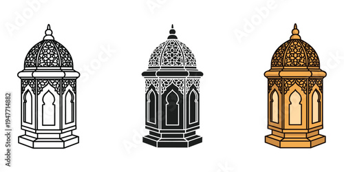 Three ornate lanterns in black white and gold on white background