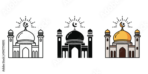 Three mosque buildings with crescent moon on top in different colors