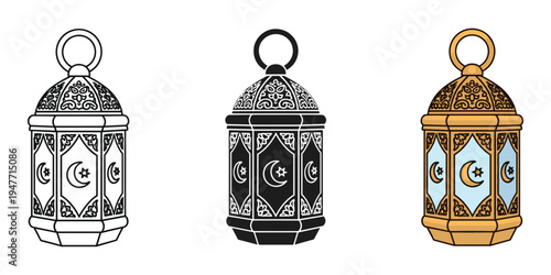 Three ornate lanterns in black white and gold on white background