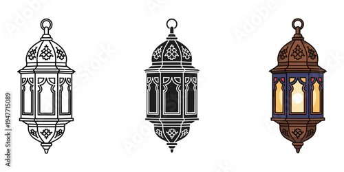 Three ornate lanterns with intricate designs hanging