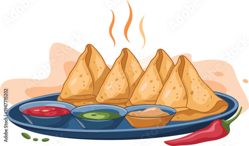 Indian samosa snack illustration with chutney sauces, traditional street food appetizer, crispy fried pastry meal vector food concept