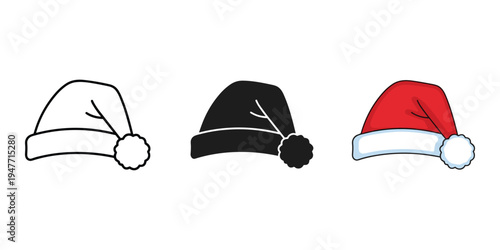 Three christmas hats in white black and red on white background