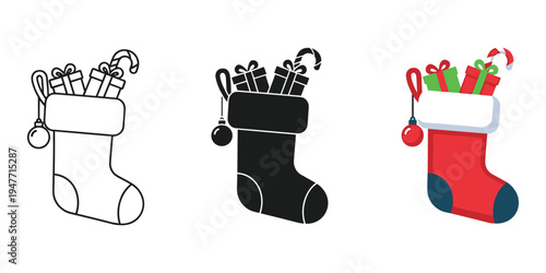 Christmas stockings with gifts and candy on white background