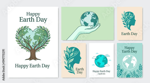 Earth Day themed collage featuring a globe, tree, leaves and multiple Happy Earth Day cards for environmental awareness