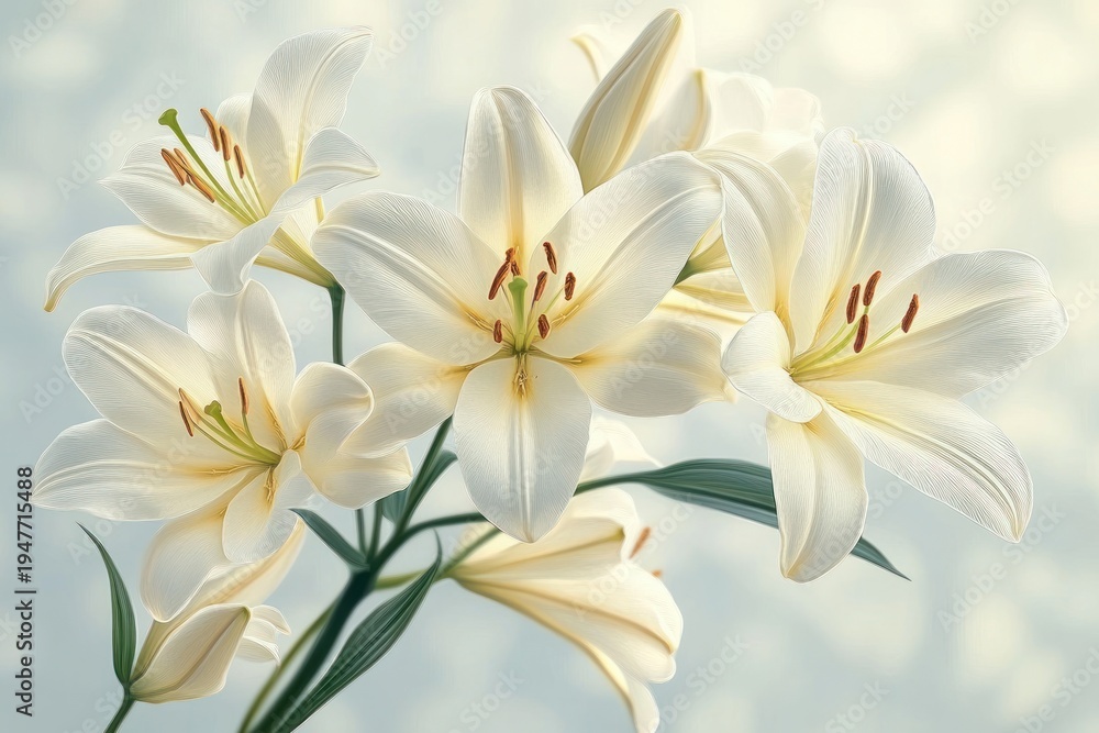 Obraz premium cluster of creamy white lilies with open blooms and buds, green leaves and slender stems against a soft bokeh background, evoking serene delicate elegance