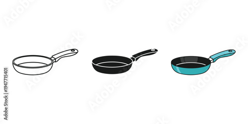 Three empty frying pans in different colors on white background