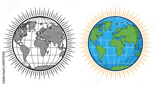 Two globes: a monochrome wireframe world map and a colorful illustrated globe with radial rays, suitable for geography, education, travel, and global business visuals.