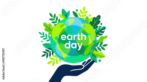 Earth Day concept illustration: hands cradle a glowing globe surrounded by lush leaves to symbolize environmental protection and sustainability