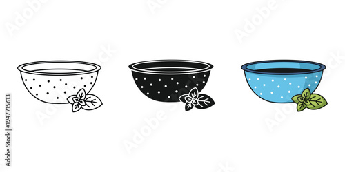 Three colorful bowls with polka dots and herbs on white background