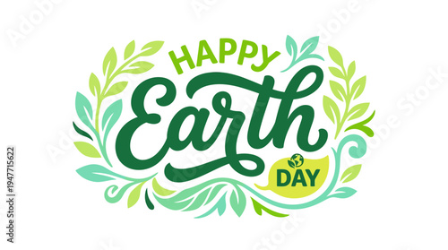 Happy Earth Day logo featuring vibrant green leaves and playful typography celebrating environmental awareness and sustainable living.