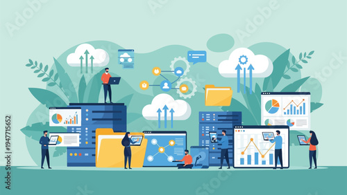 People working with data analysis and cloud computing.