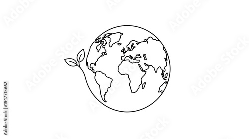 Hand-drawn globe illustration with a sprouting plant, symbolizing global sustainability, growth, and environmental protection.