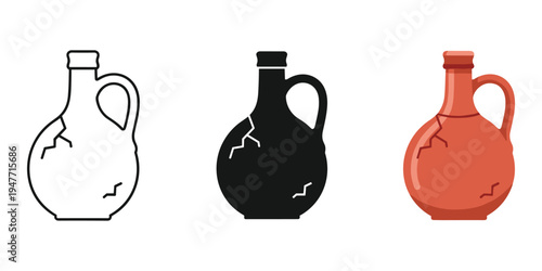 Three ancient clay jugs in white black and red on white background