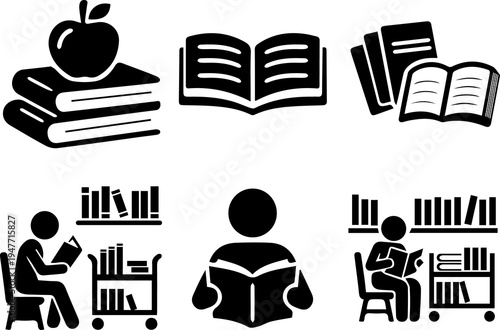 Foto education and reading icon set with books, library, student and apple isolated o