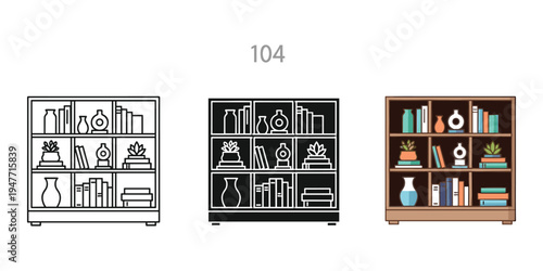 Three bookcases with various book and decor arrangements