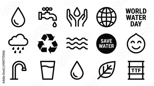 Set of black icons promoting water conservation, sustainability, and World Water Day themes, including water drop, faucet, hands, globe, recycling, save water, waves, leaf, cup and eco icons