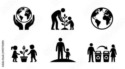 Global care and volunteering icons: Earth protection, family support, child welfare, and inclusive accessibility