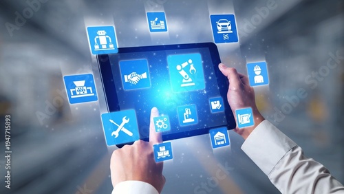 Mechanized industry automation and modern production system with robotic arms, gears, tools and logistics for efficient mechanized industry process. Gist