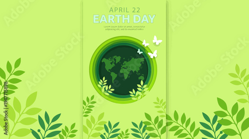Earth Day poster featuring a glowing globe in a circular frame, lush green background, and leafy plants promoting sustainability and environmental awareness.