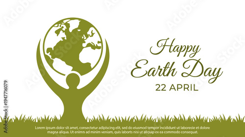 Earth Day celebration illustration: a person lifts the globe above grass with the 'Happy Earth Day' message.