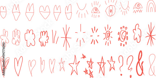 collection of hand-drawn doodle icons in red and pink ink. 
