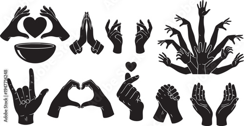 Collection of black silhouette human hand gestures like heart symbols and prayer