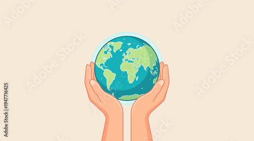 Hands cupping the globe: a vector illustration representing global responsibility, sustainability, and environmental stewardship for a greener future.