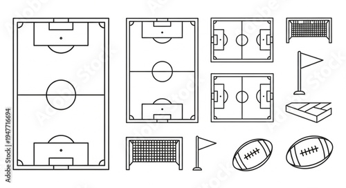 Outlined Football Field and Equipment Illustrations for Sports Design.