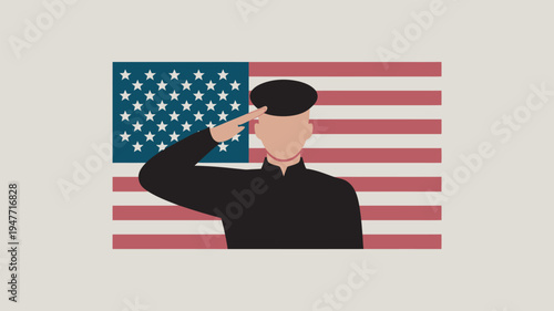 An illustration of a man saluting in front of the American flag, symbolizing patriotism and respect.