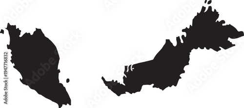 Black silhouette map of Malaysia showing Peninsular Malaysia and Borneo isolated on a white background for graphic design
