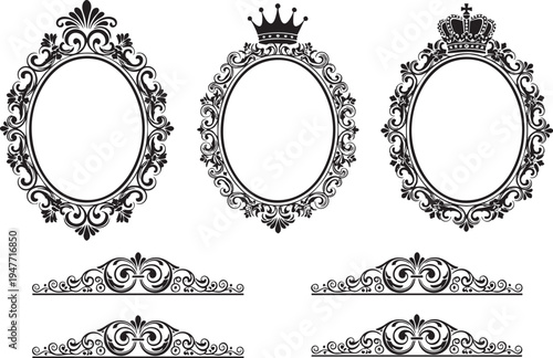 Elegant Vintage Ornate Frame Elements and Decorative Scroll Divider Illustration
