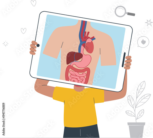 Human internal organs anatomy on tablet illustration, medical education concept showing digestive system heart stomach healthcare vector design