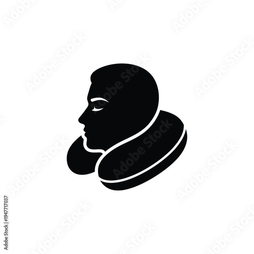 Man wearing neck pillow for travel comfort.