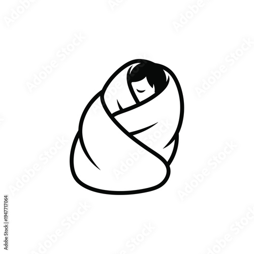 Newborn baby swaddled in a blanket simple line art illustration.
