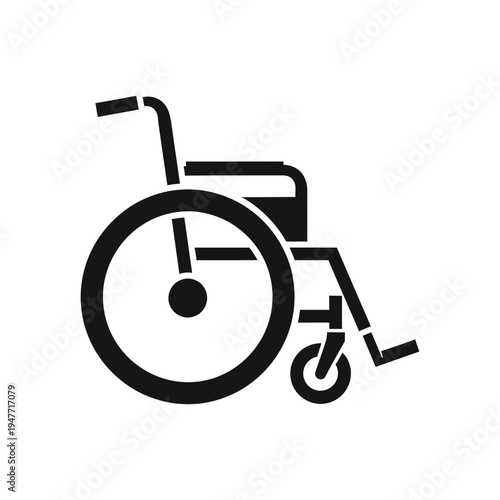 A black illustration of a wheelchair with a large wheel and footrest