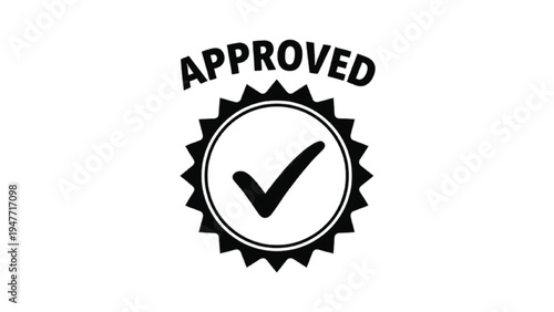 Black and white approved stamp with checkmark and text