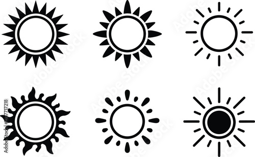Set of 6 sun icons vector, black and white