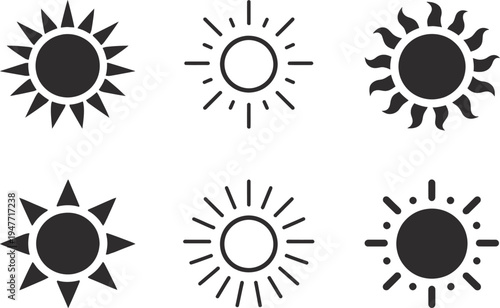 Set of yellow vector sun icons with decorative star and flower shapes representing sunny summer weather, sunlight, and bright nature symbols in a playful cartoon style