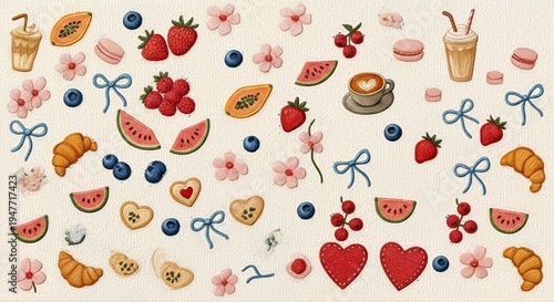A colorful illustration of various sweet treats and fruits arranged in a decorative pattern
