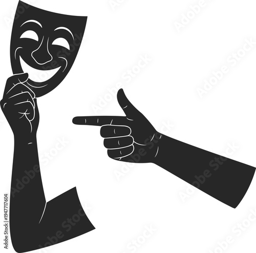 Person holding theater mask silhouette while pointing finger, identity deception concept illustration, hidden face acting symbol vector design