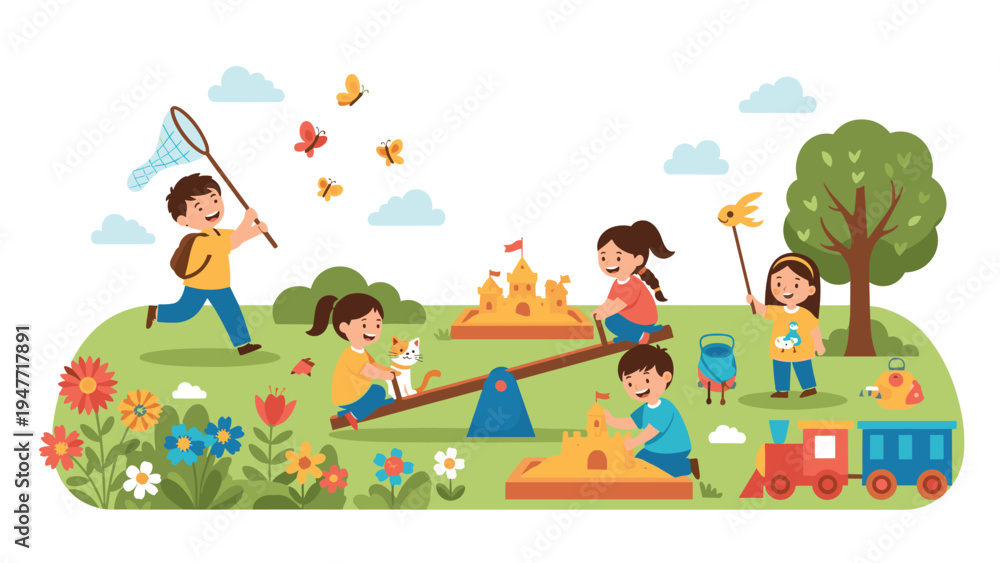 Fototapeta premium Happy children playing together at vibrant park playground with sandbox, seesaw, toy train, and catching butterflies among flowers.