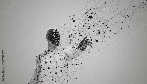 A futuristic illustration of a human figure composed of network connections and dots