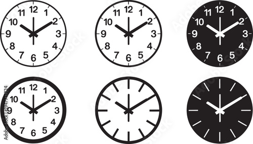 Six black and white clock faces with different times watch