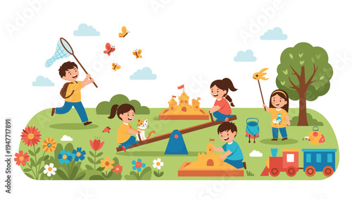 Happy children playing together at vibrant park playground with sandbox, seesaw, toy train, and catching butterflies among flowers.